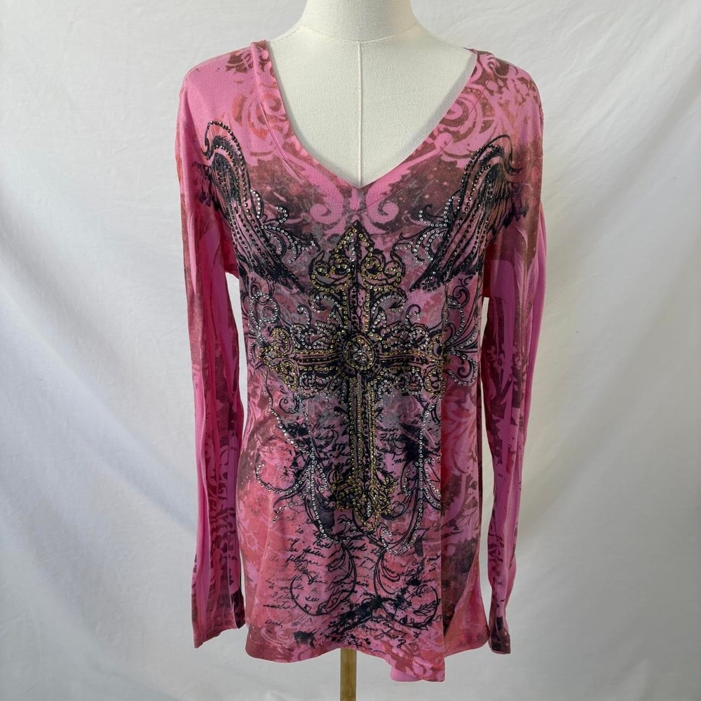 Rouge pink rhinestone cross wings long sleeve shirt size 2xl grunge mcbling y2k